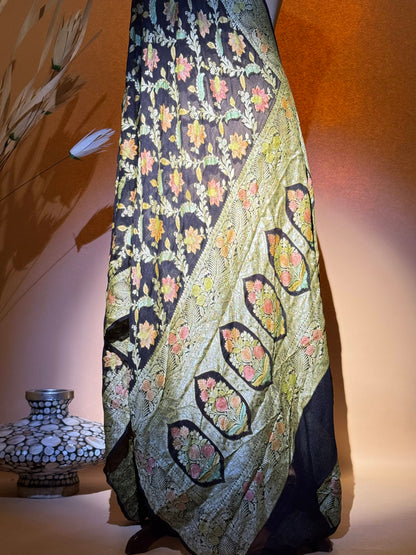 Traditional Banarasi Jaal Weaving With Hand Brush In Pure Khaddi Chiffon Saree - Black
