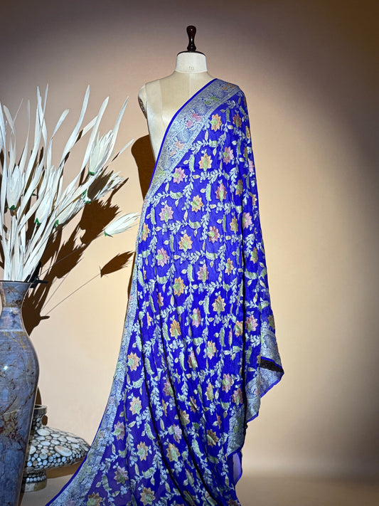 Traditional Banarasi Jaal Weaving With Hand Brush In Pure Khaddi Chiffon Saree - Blue