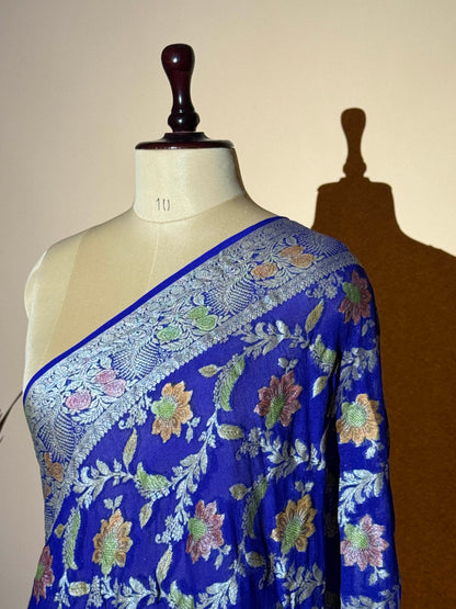 Traditional Banarasi Jaal Weaving With Hand Brush In Pure Khaddi Chiffon Saree - Blue