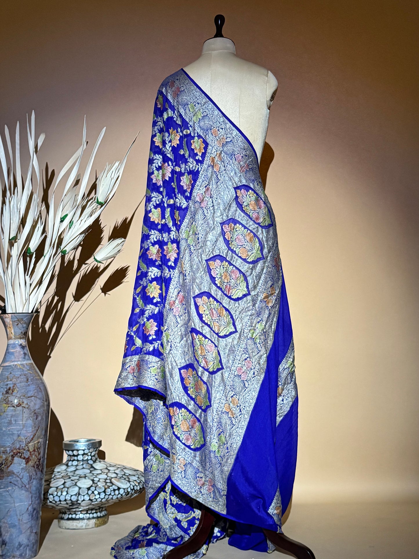 Traditional Banarasi Jaal Weaving With Hand Brush In Pure Khaddi Chiffon Saree - Blue