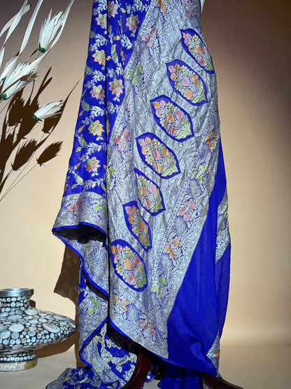 Traditional Banarasi Jaal Weaving With Hand Brush In Pure Khaddi Chiffon Saree - Blue