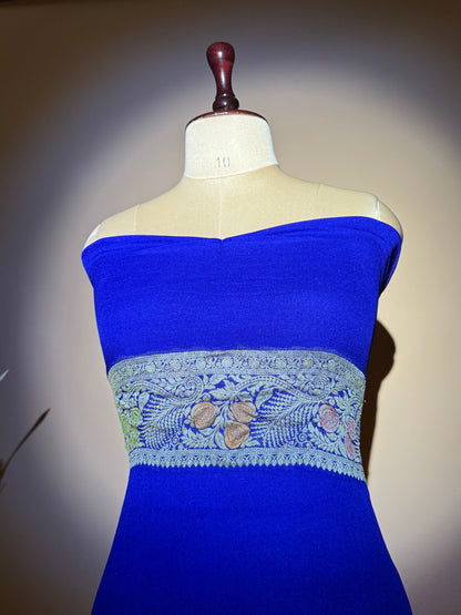 Traditional Banarasi Jaal Weaving With Hand Brush In Pure Khaddi Chiffon Saree - Blue