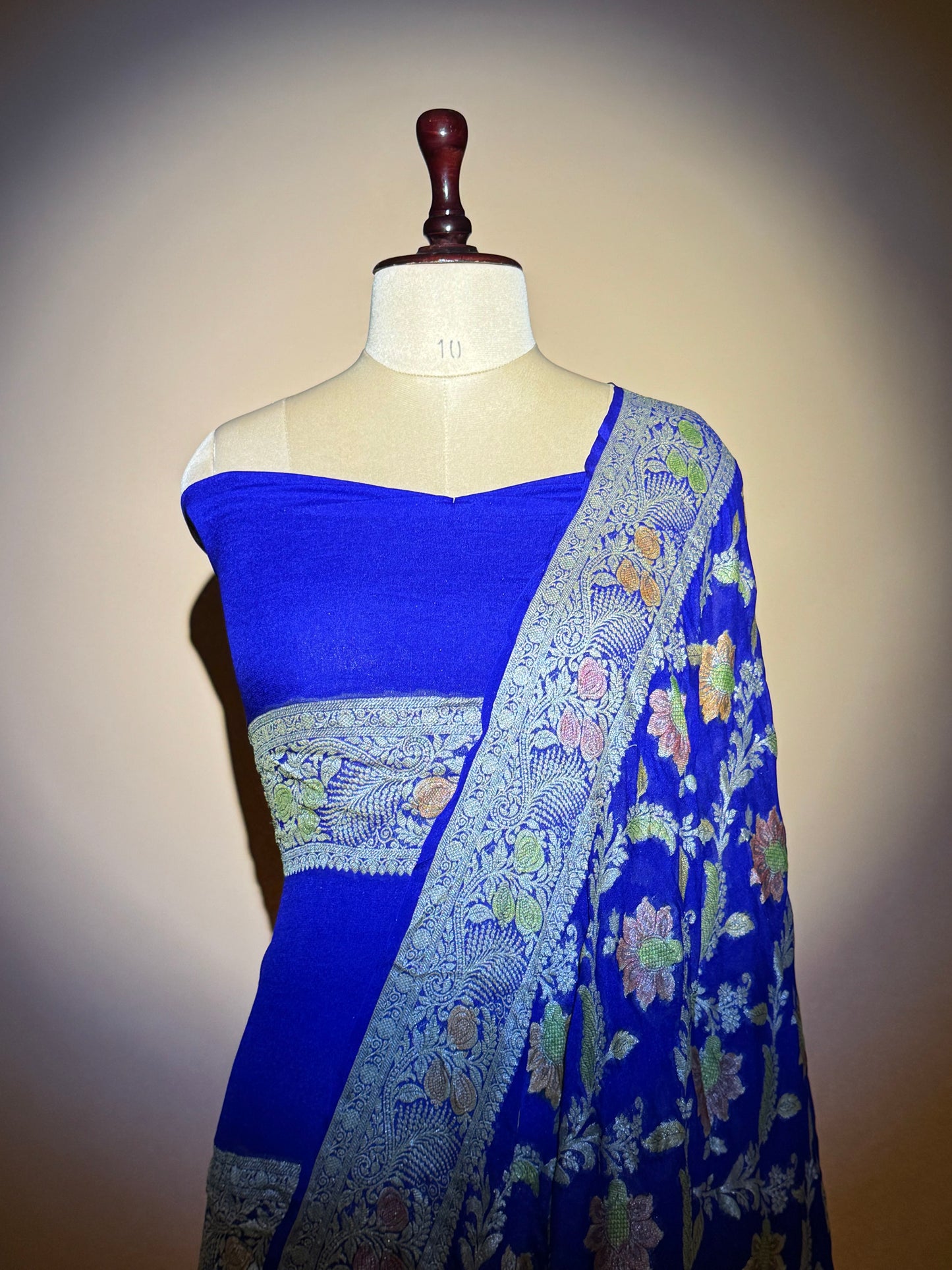 Traditional Banarasi Jaal Weaving With Hand Brush In Pure Khaddi Chiffon Saree - Blue