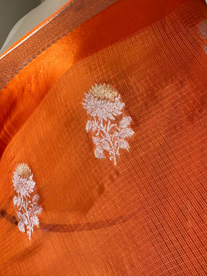 Traditional Banarasi Sona Rupa Flower Butti Weaved On Kota Silk Fabric Saree - Orange