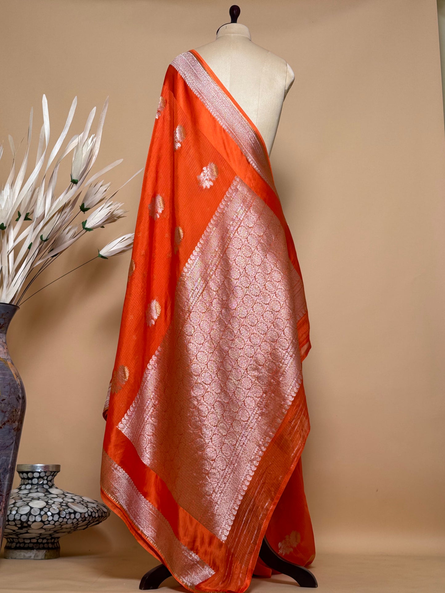 Traditional Banarasi Sona Rupa Flower Butti Weaved On Kota Silk Fabric Saree - Orange
