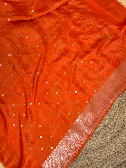 Traditional Banarasi Sona Rupa Flower Butti Weaved On Kota Silk Fabric Saree - Orange