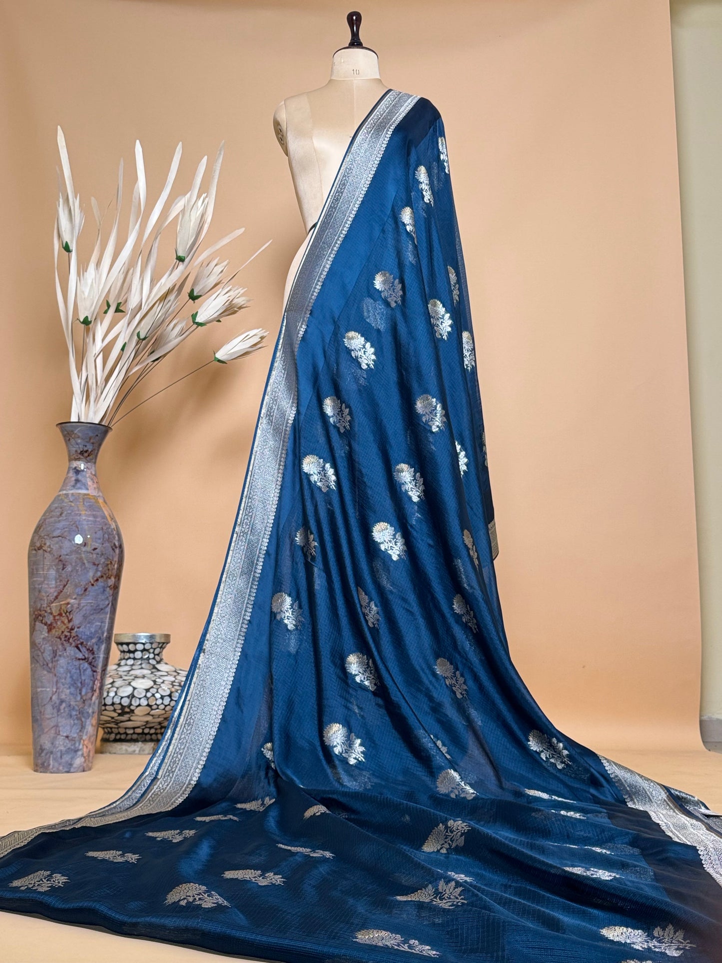 Traditional Banarasi Sona Rupa Flower Butti Weaved On Kota Silk Fabric Saree - Blue