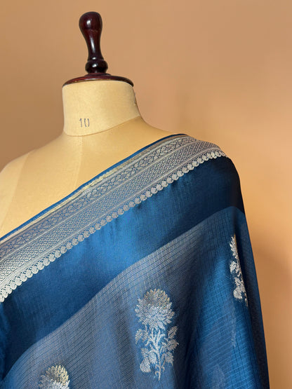 Traditional Banarasi Sona Rupa Flower Butti Weaved On Kota Silk Fabric Saree - Blue