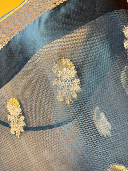 Traditional Banarasi Sona Rupa Flower Butti Weaved On Kota Silk Fabric Saree - Blue