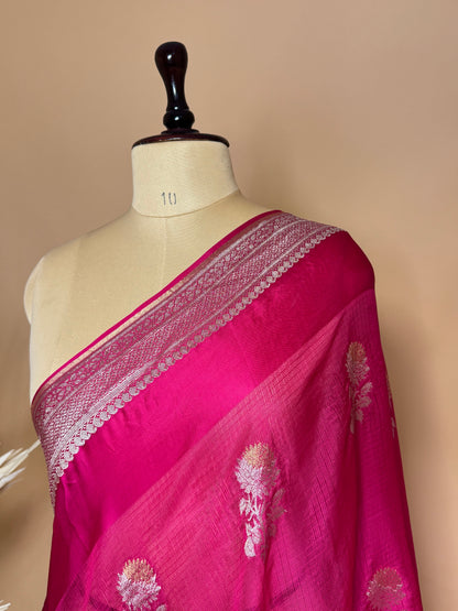 Traditional Banarasi Sona Rupa Flower Butti Weaved On Kota Silk Fabric Saree -Pink