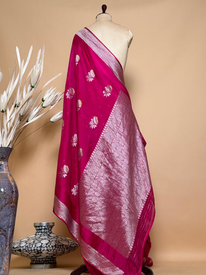 Traditional Banarasi Sona Rupa Flower Butti Weaved On Kota Silk Fabric Saree -Pink