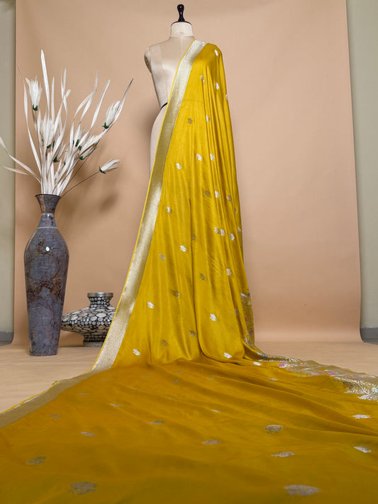 Mashru Silk Meenakari Jungle Theme Border - Yellow