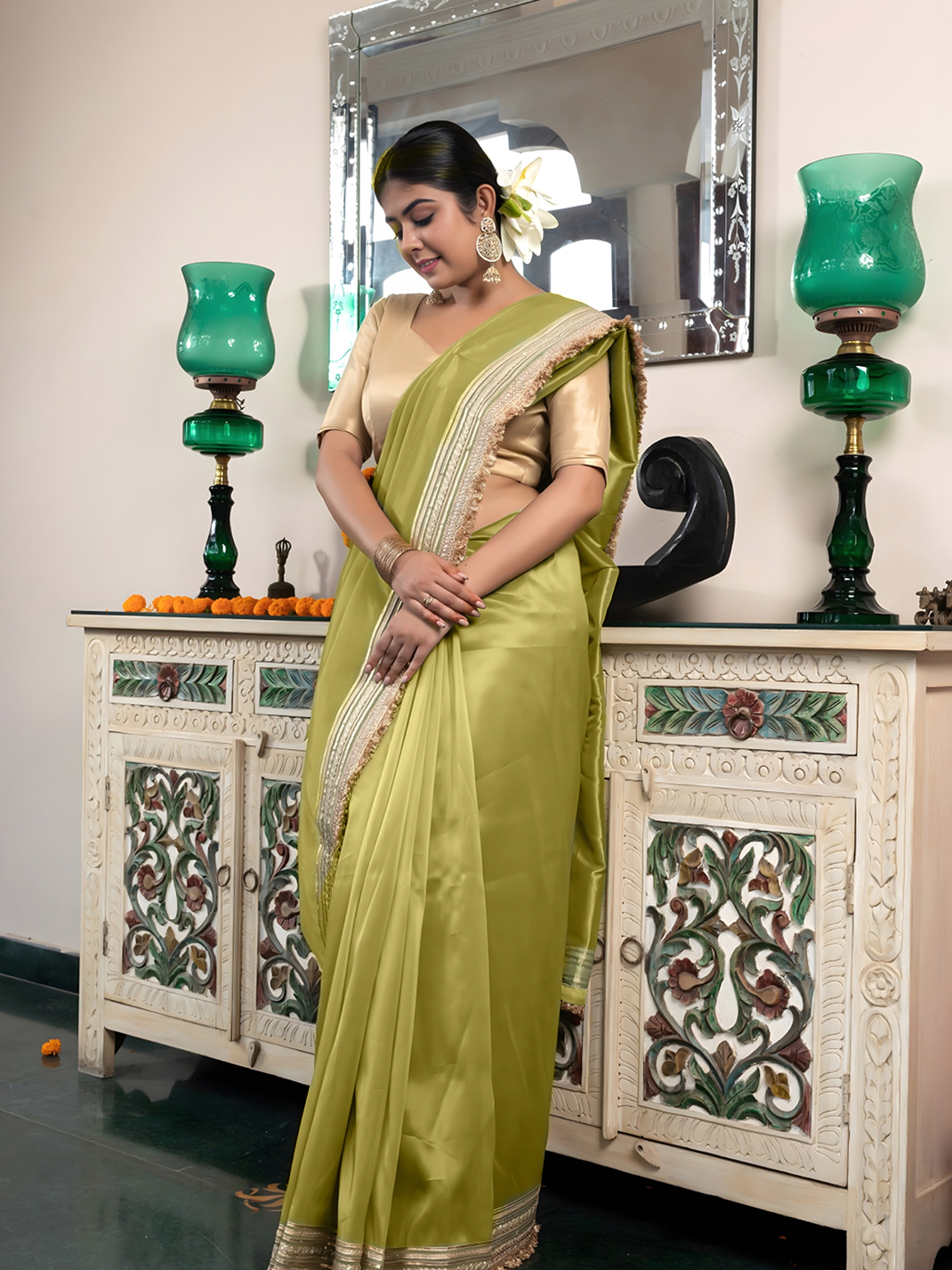 Banarasi Tissue With Maharani Style Hand Work Border Green