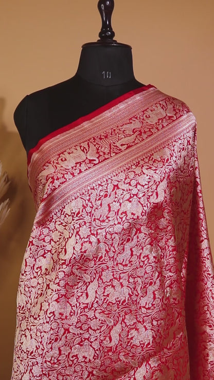 Shikargha Weaving In Pure Kataan Silk Hand Weaved -Red
