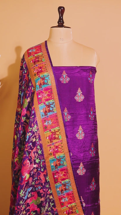 Pashmina Style Weaving In Pure Munga Silk Banarasi Unstitched Suit - Purple