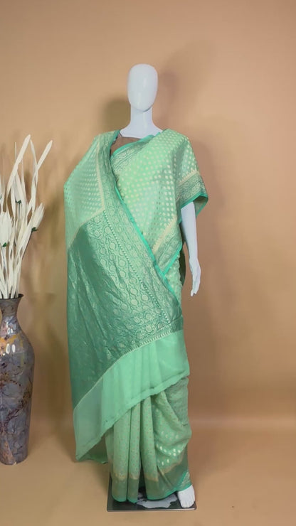 Small Buti All Over In Handloom Banarasi Khaddi - Green