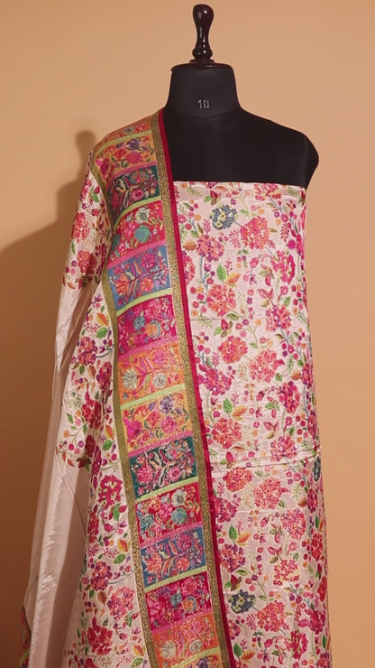 Pashmina Style Weaving In Pure Munga Silk Banarasi Unstitched Suit - White