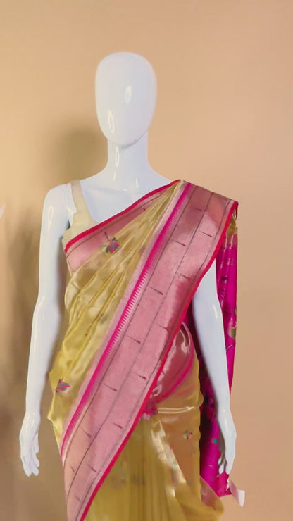Tissue Saree Contrast Paithini Border -yellow