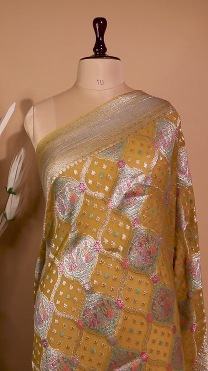 Khaddi Bandhej With Meenakari Weaving - Yellow