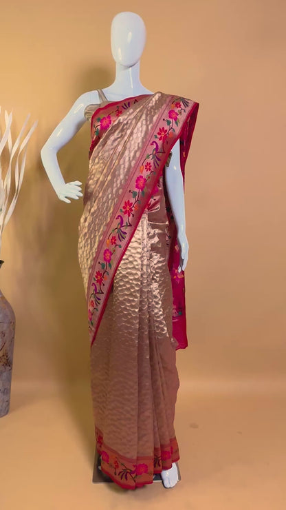 Tissue Saree Contrast Paithini Border - Peach