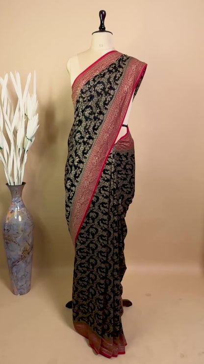 Classic Green Red Combination In Khaddi Banarasi Antique Zari Saree - Black