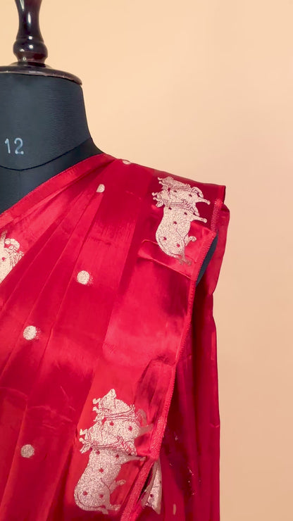 Soft Chinon Saree With Nandi Motif Border - Red