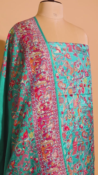 Pashmina Style Weaving In Pure Munga Silk Banarasi Unstitched Suit -blue