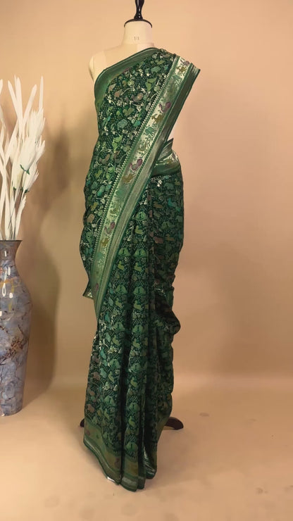 Khaddi Bandhej With Meenakari Shikargha Saree - Green