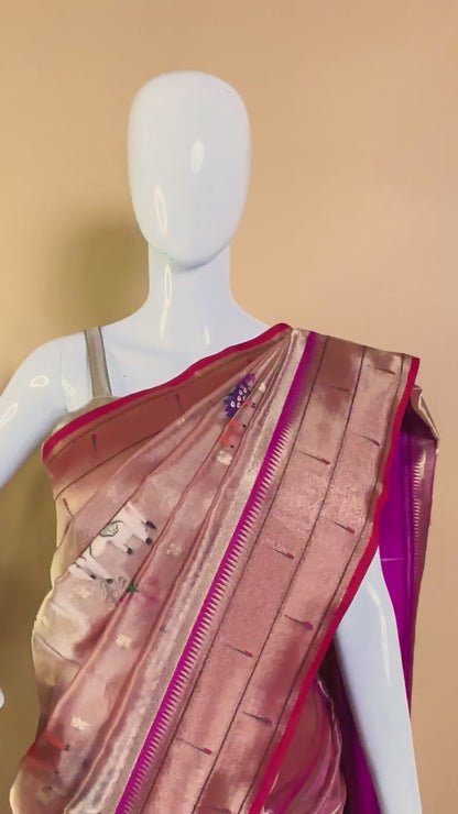 Tissue Saree Conntrast Paithini Border - Peach