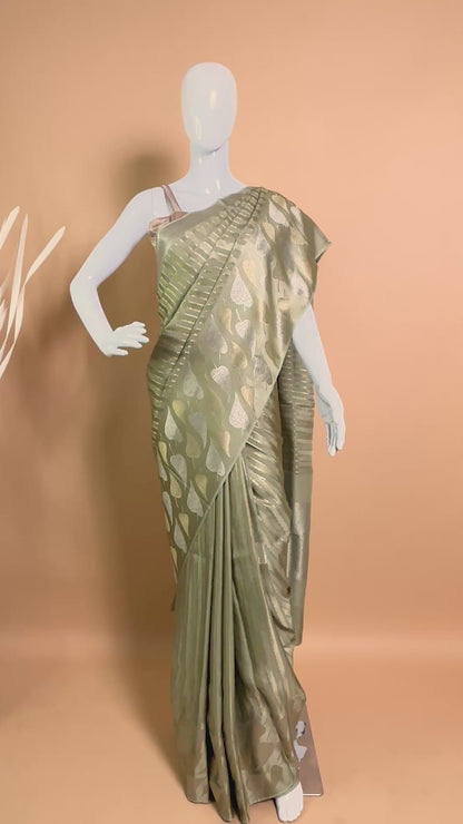 Mashru Silk With Contemporary Leaves Weaving Border - Brown