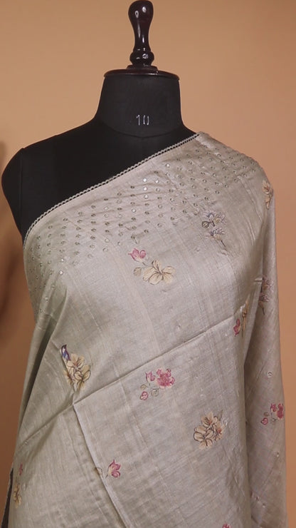 Pure Tussar Silk Printed In Sober N Elegant Taste -grey