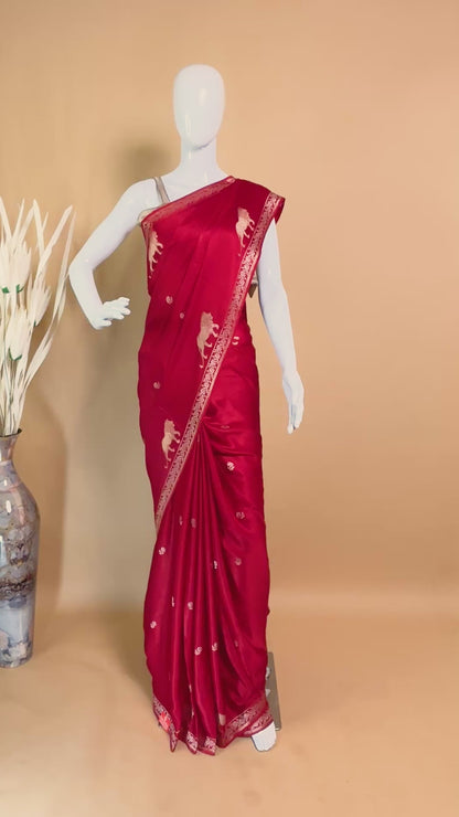 Mashru Silk With Contemporary Style Tiger Motif - Red
