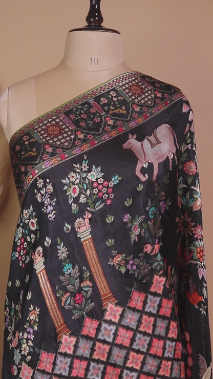 Meenakari Pichwai Weaving In Munga Silk - Black