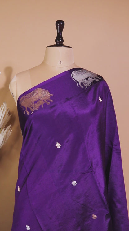 Mother Cow Feeding Its Calf In Pure Mashru Silk Saree - Dark Purple
