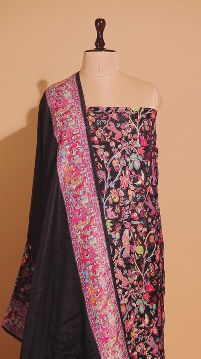 Pashmina Style Weaving In Pure Munga Silk Banarasi Unstitched Suit - Black