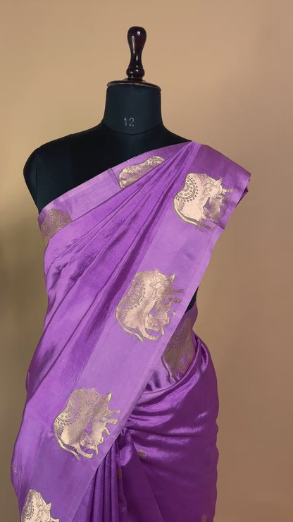 Mother Cow Feeding Its Calf In Pure Mashru Silk Saree - Purple