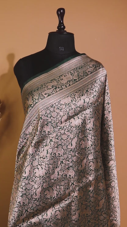 Shikargha Weaving In Pure Kataan Silk Hand Weaved -green