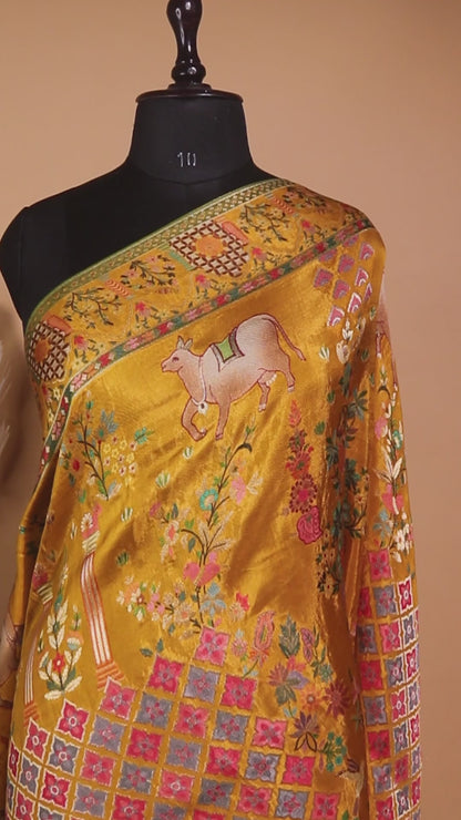 Meenakari Pichwai Weaving In Munga Silk - Yellow