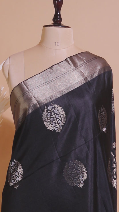 Contemporary Style Designer Sarees In Pure Silk - Black