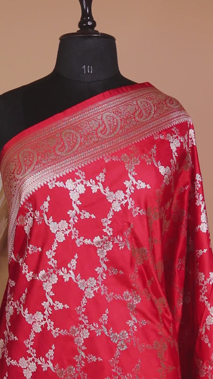 Upaada Jaal Weaving In Mashru Silk- Red