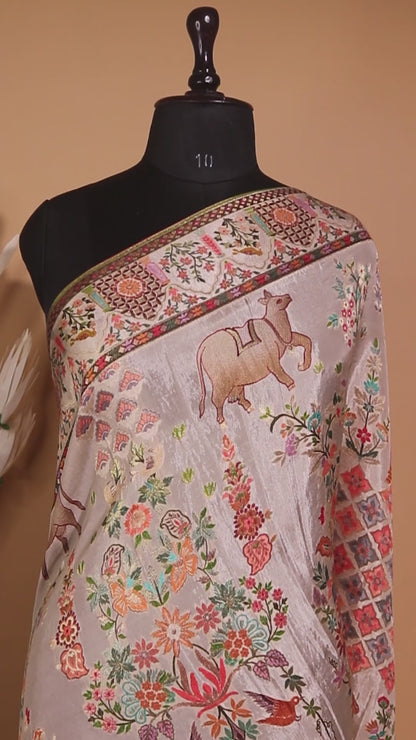 Meenakari Pichwai Weaving In Munga Silk -whte
