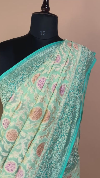 Pure Khaddi Georgette Jaal Meenakari Handbrush Saree - Green