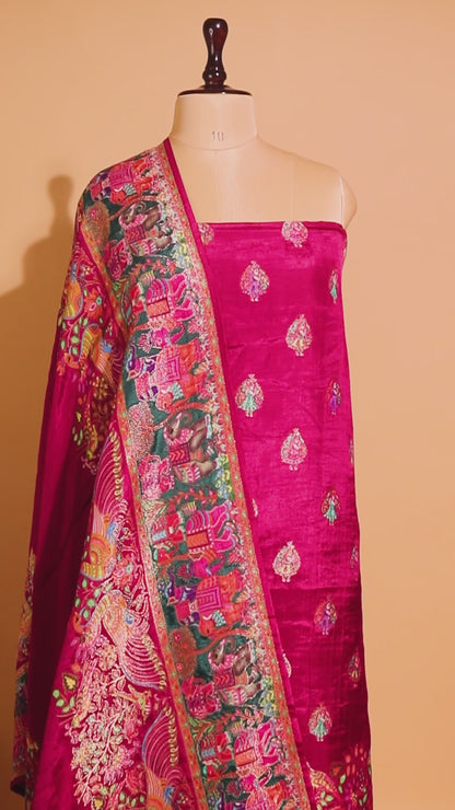 Pashmina Style Weaving In Pure Munga Silk Banarasi Unstitched Suit - Pink