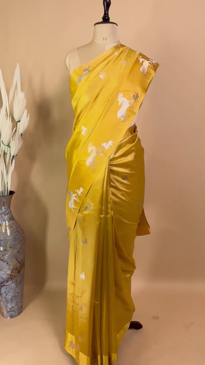 Pure Mashru Silk Deer Motifs In Silver & Golden Zari - Yellow
